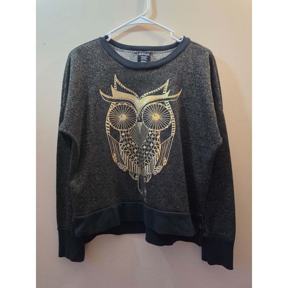 LOL Vintage Black Gold Metallic Owl Graphic Sweatshirt Lurex‎ Shimmer Large